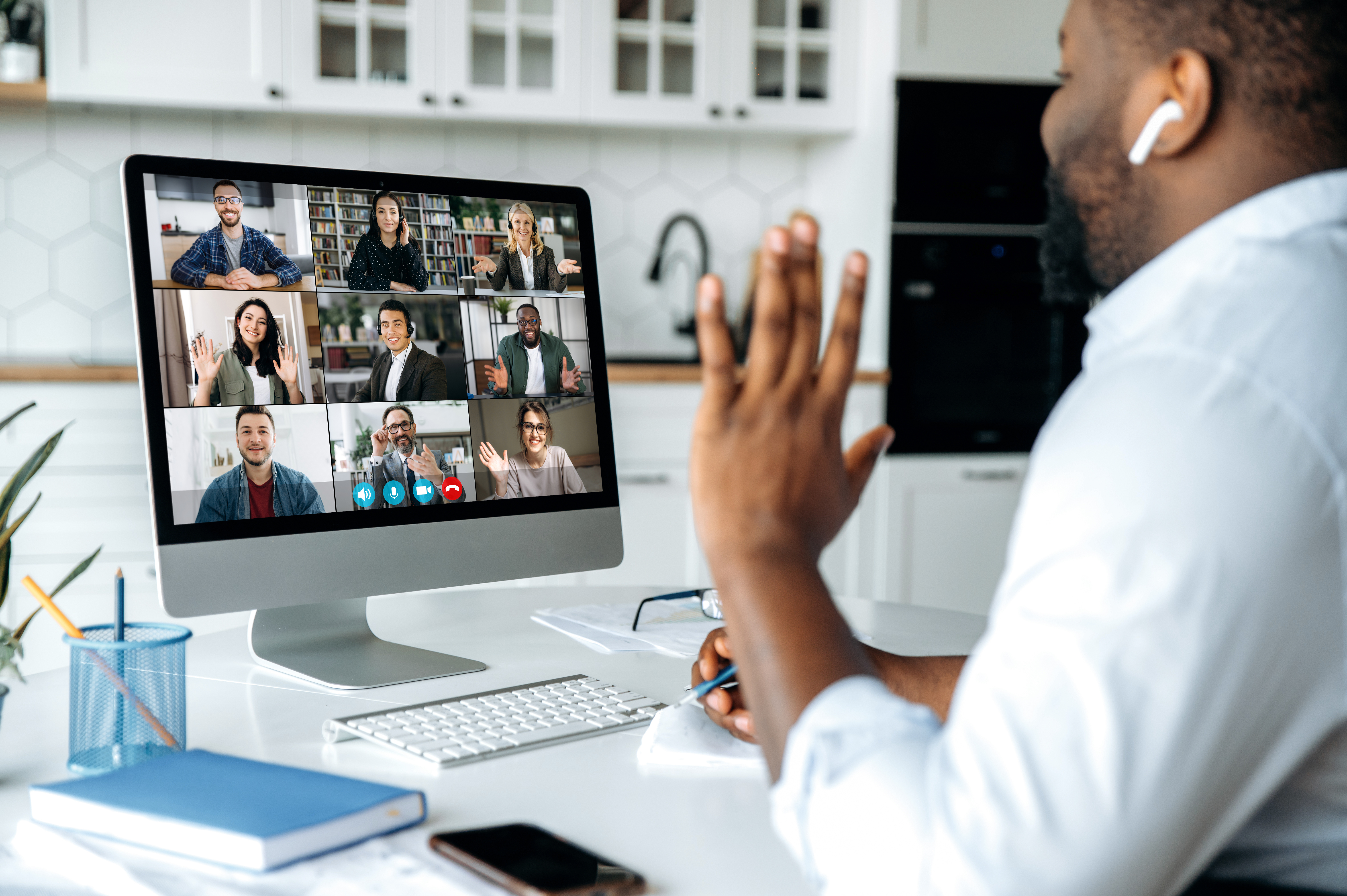 man has online meeting