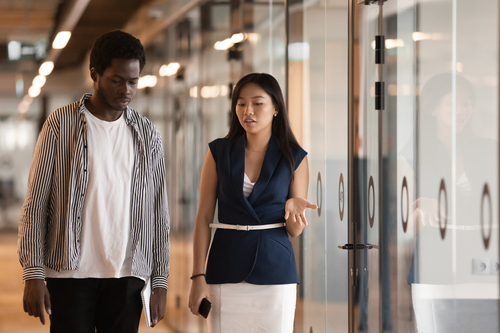 two businesspeople talking